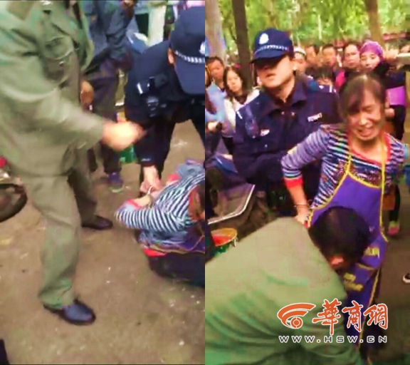 西安城管纠正女摊主占道经营行为被咬手 