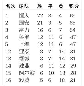 中超积分榜29轮