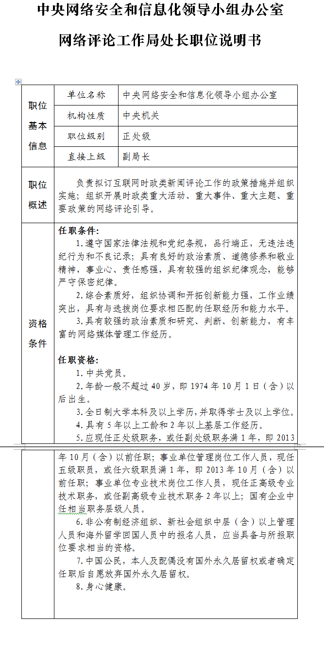 中央网信办公开选拔9名处级干部职位说明和任职要求