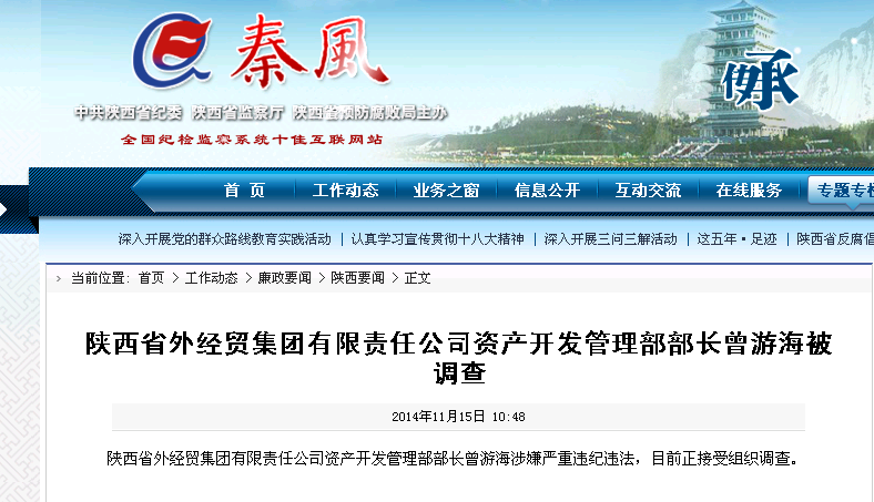 陕西省外经贸集团公司干部曾游海被调查