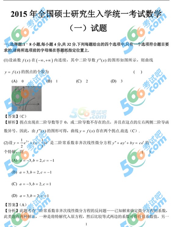 2015考研数学一答案大全(海文版)
