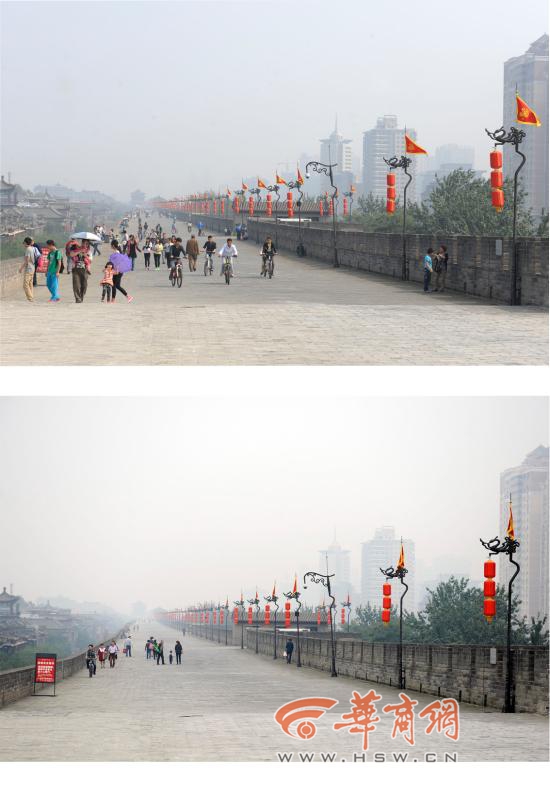 图片对比国庆过后后 西安城墙景区游客减少